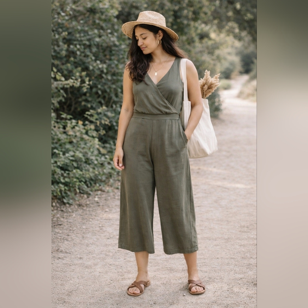 Olive Green Cropped Wide Leg Jumpsuit M Sleeveless V Neck Minimalist Clean Girl